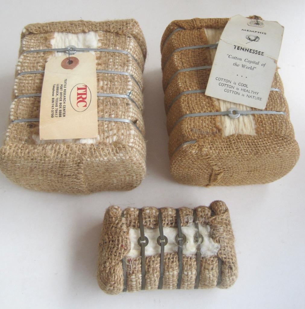 Cotton Bales Souvenir Set 3 Memphis TN Lubbock TX Burlap Metal Tags 5 x 3 x 3