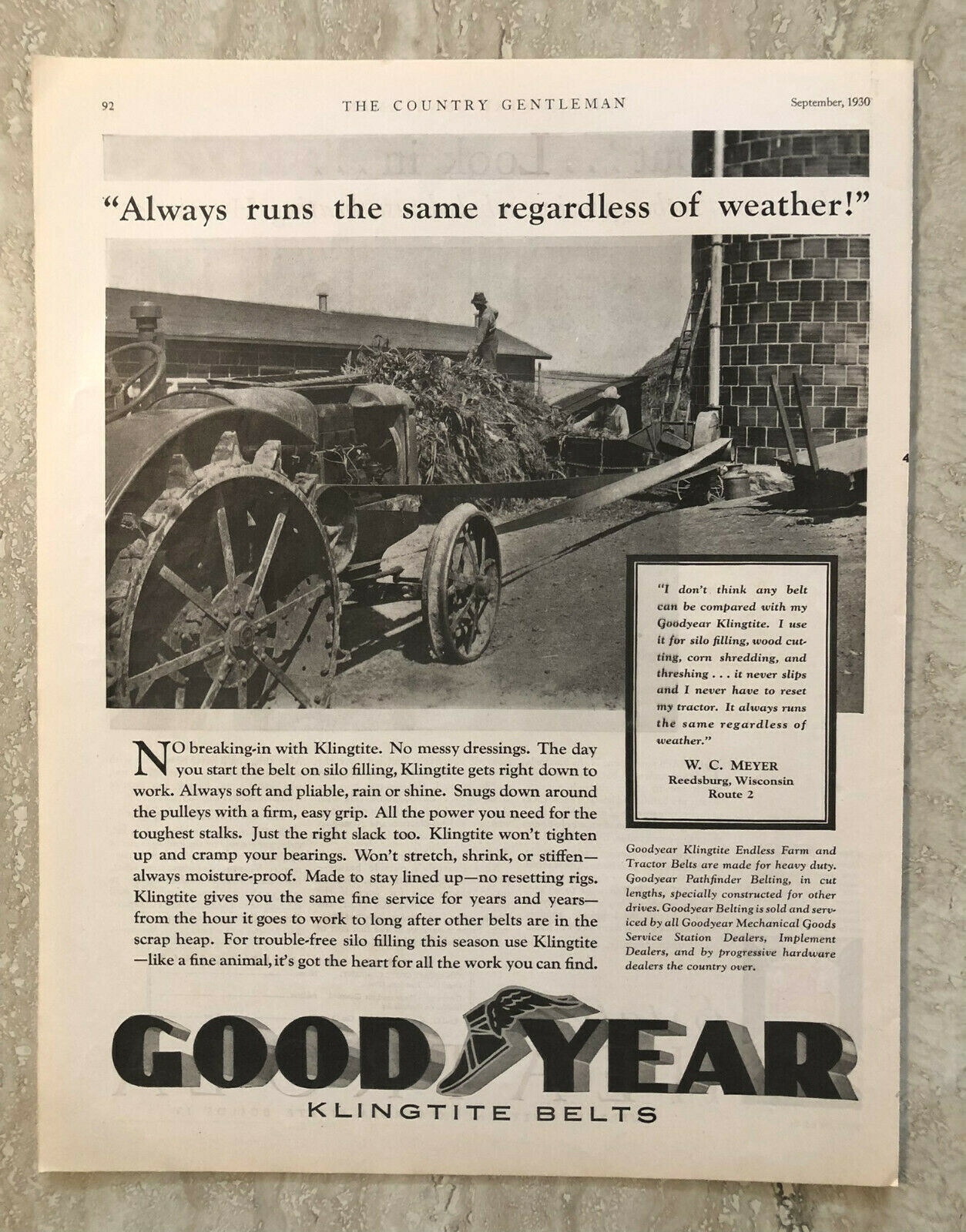 1930 Goodyear Klingtite Belts Soft Pliable Tractor Farming Vintage Print Ad