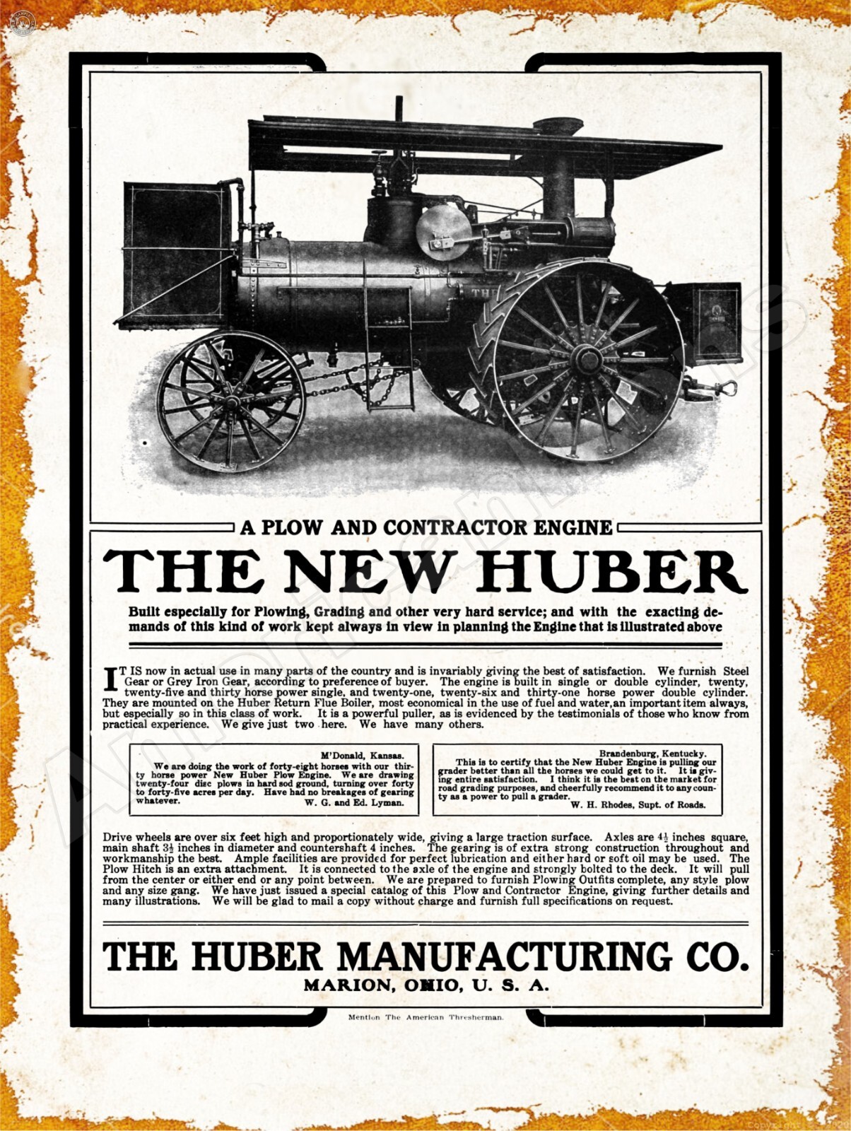 1906 Huber Contactor Engine, Marion OhiO New Metal Sign: 12×16&Prime; Ships Free