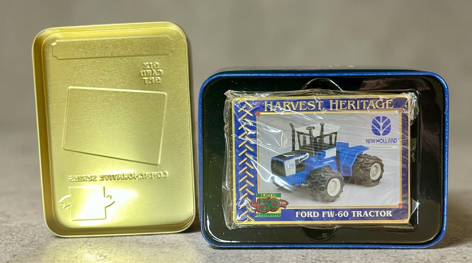 1995, ERTL 50th Ann., Harvest Heritage 6 Collector Cards In Tin New Holland NIOB