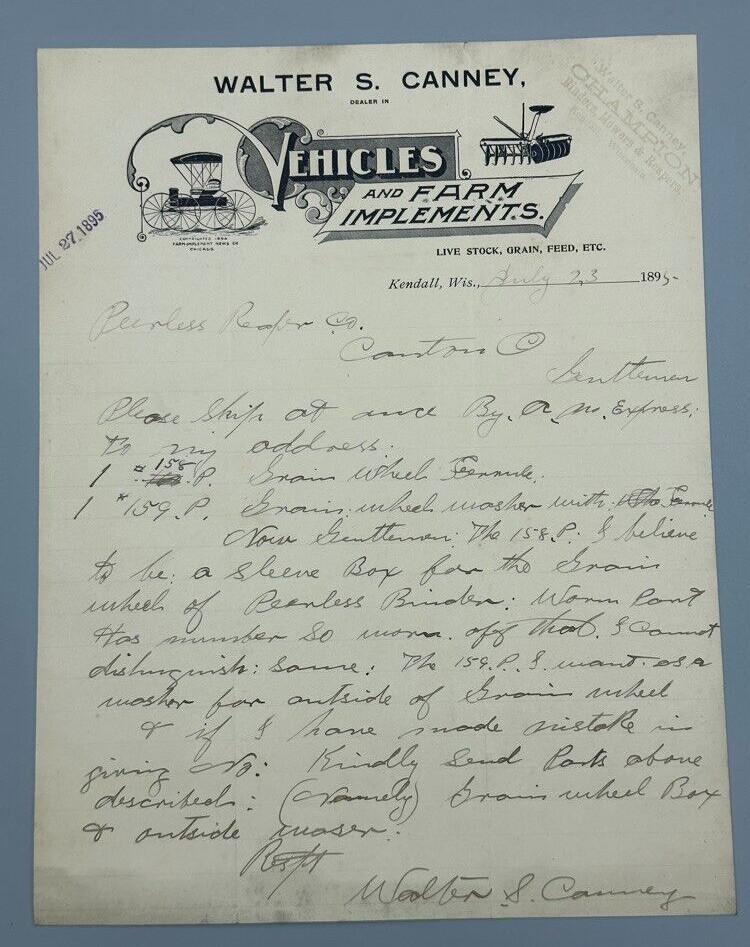 1895 FARM BUGGY Mower TOOLS Antique Advertising KENDALL WISCONSIN Letterhead