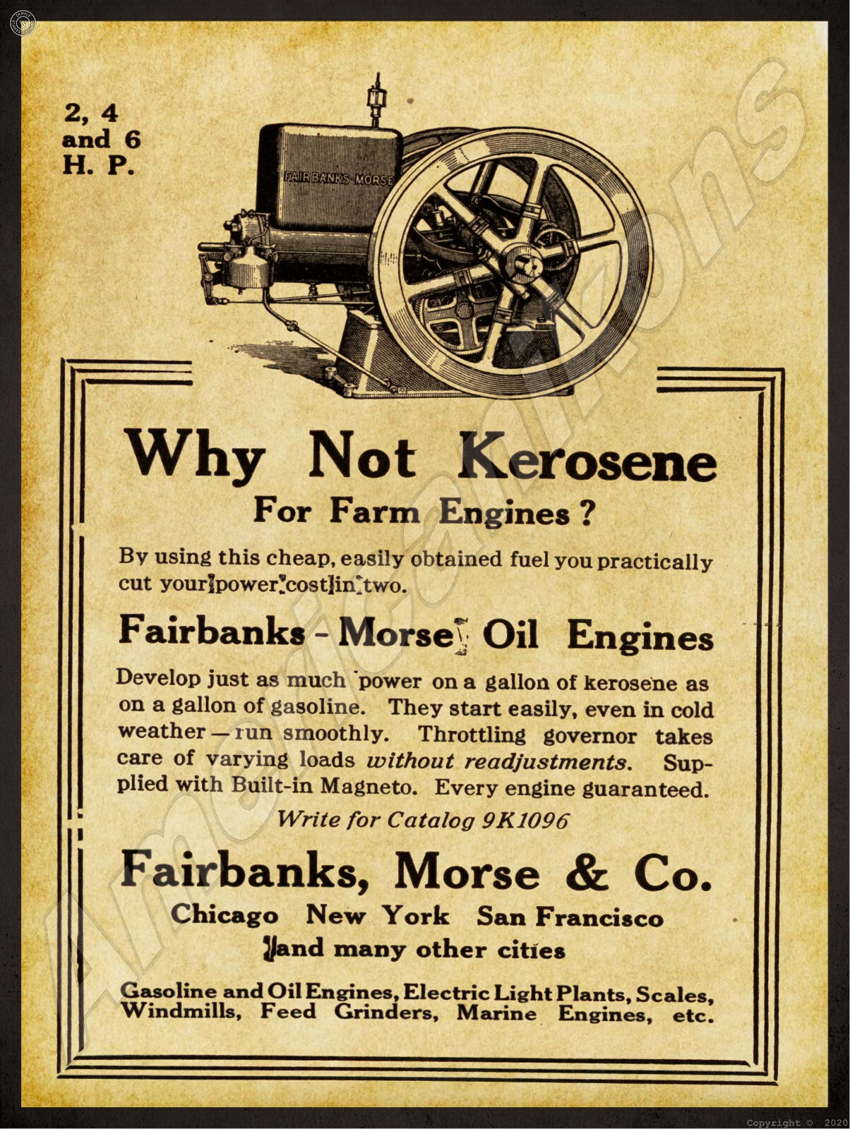1914 Fairbanks, Morse Oil Engines New Metal Sign: Kerosene, Gasoline Models