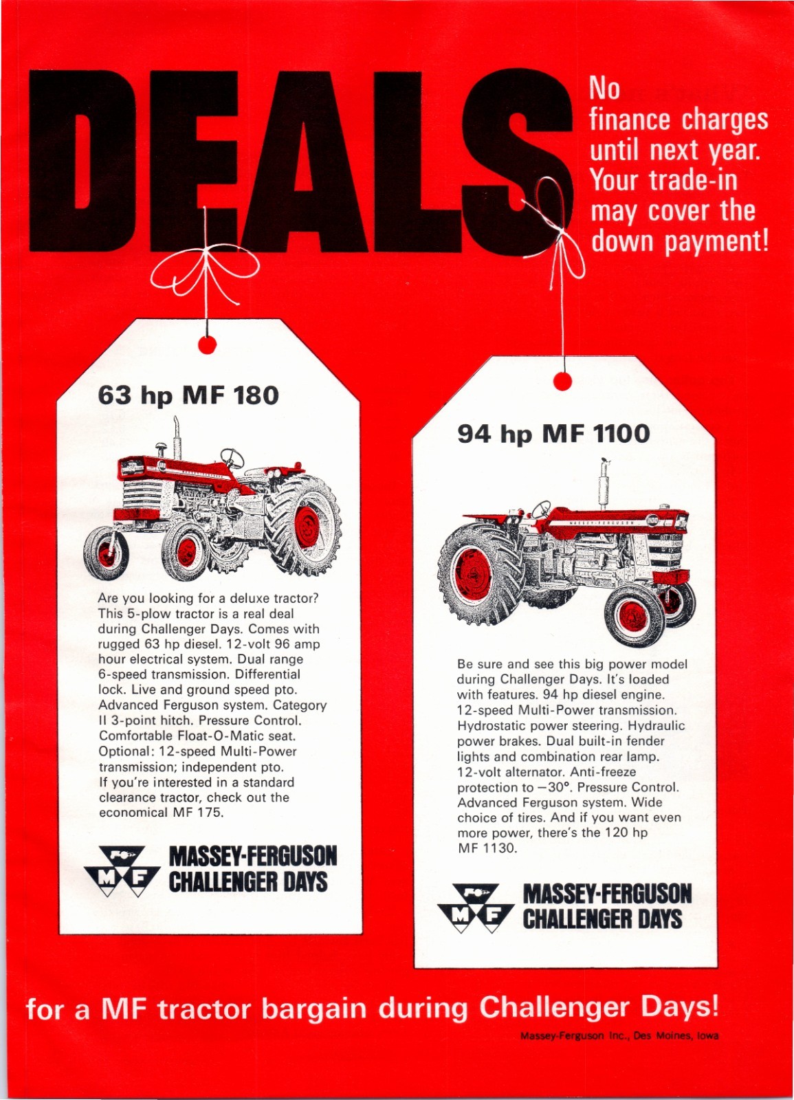 1968 Massey-Ferguson MF 135 165 180 1100 Tractors 60&rsquo;s Vintage 2-Page Print Ad