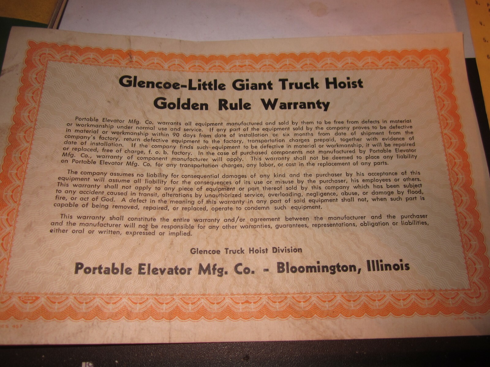 Vintage Little Giant Glencoe TRUCK HOIST GOLDEN WARRANTY AND OPERATIONS CARDS