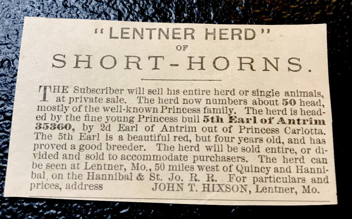1883 John T. Hixson Cattle Advertising – Lentner – Missouri – Cow – Farm