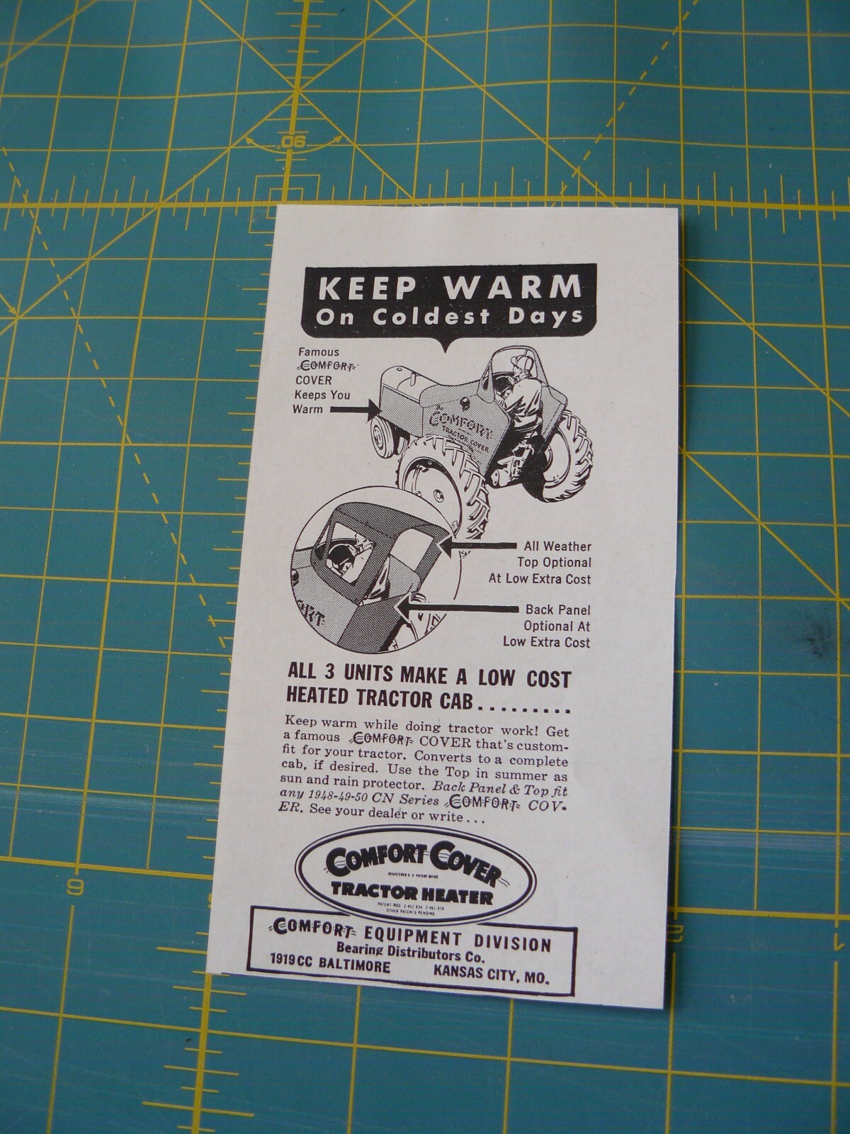 THE FARM QRTLY- Aug 1949 -ad- Warm COMFORT COVER TRACTOR HEATER/ Kansas City, MO