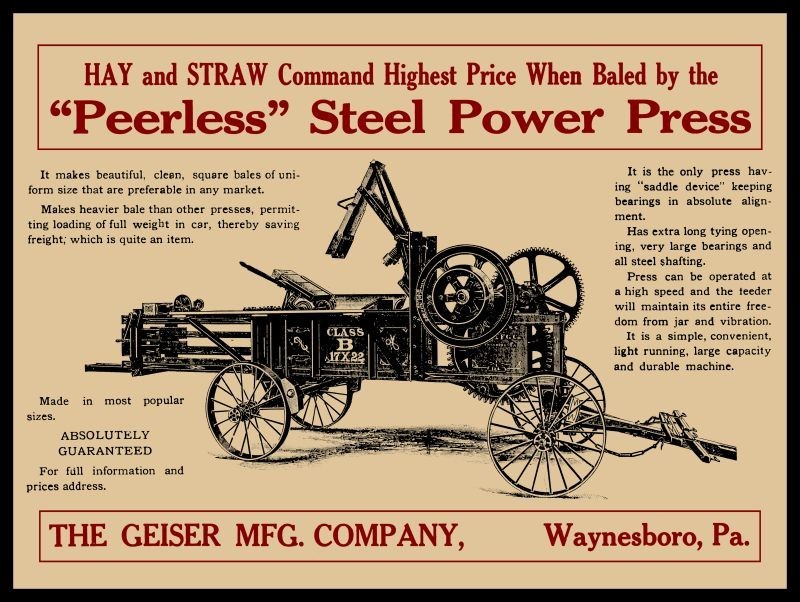 1911 Geiser Peerless Steel Power Hay Press, Waynesboro PA New Metal Sign: 9×12&Prime;