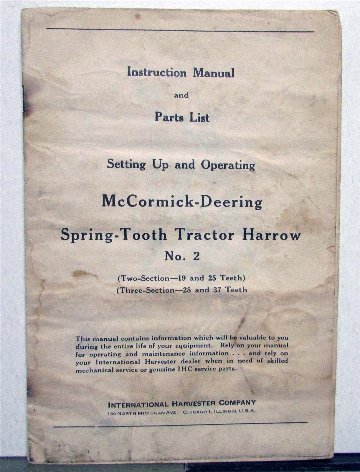 1947 McCormick Deering 2 Harrow Specs Agricultural Instruction Manual Parts List