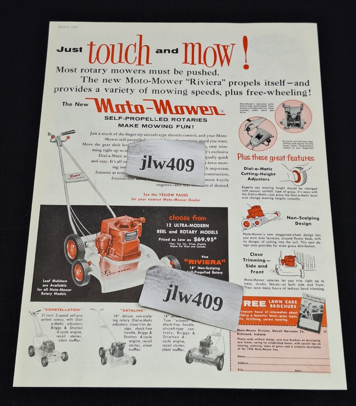 1956 MOTO-MOWER LAWN MOWER MAGAZINE AD Print Ad