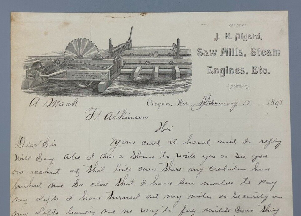 1893 JH Algard SAW MILL Engines Antique FARM Advertising Letter OREGON WISCONSIN