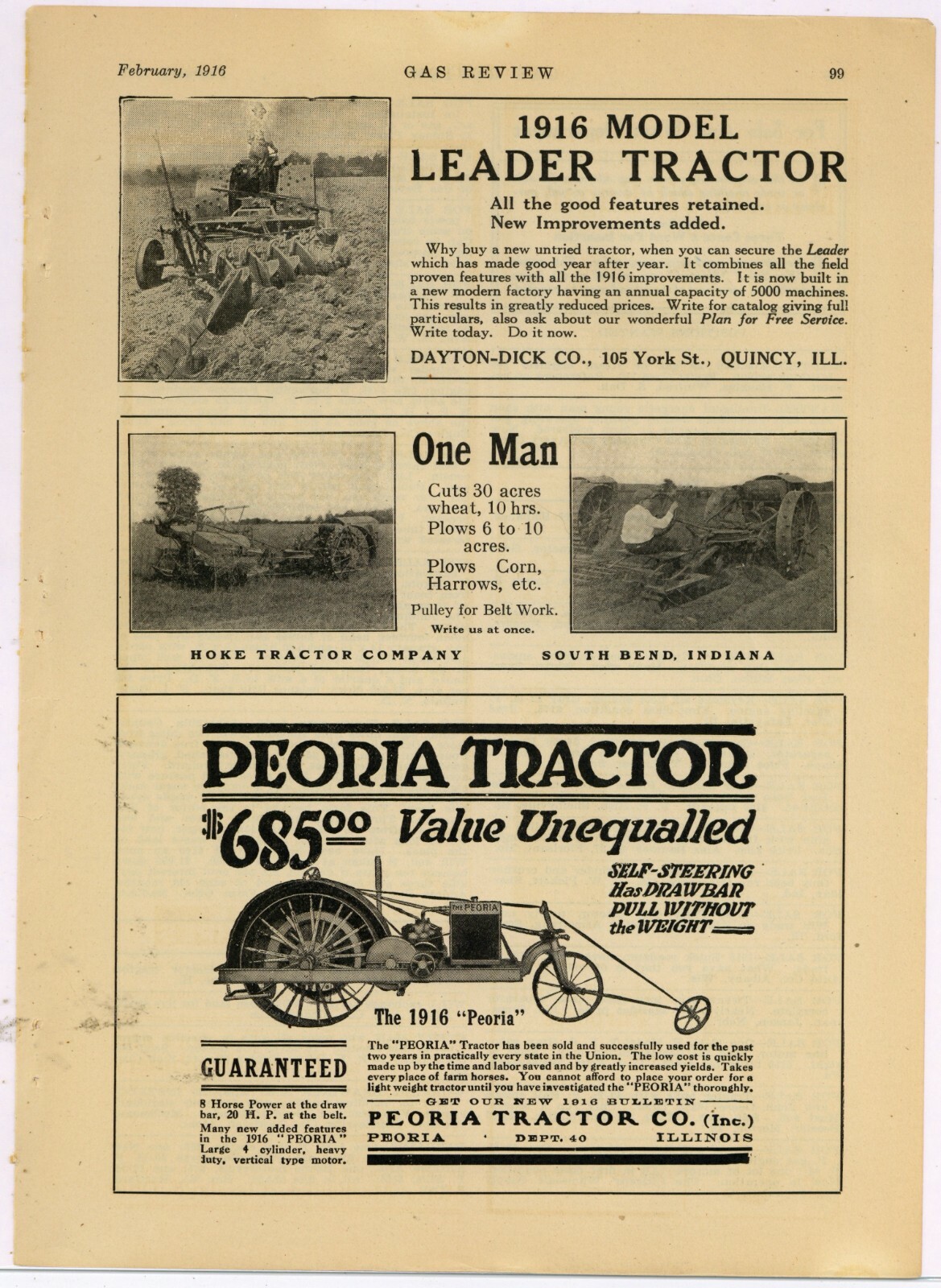 1916 Peoria Tractor & Leader Tractor by Hoke, South Bend, Indiana Ads 2 on 1 pg