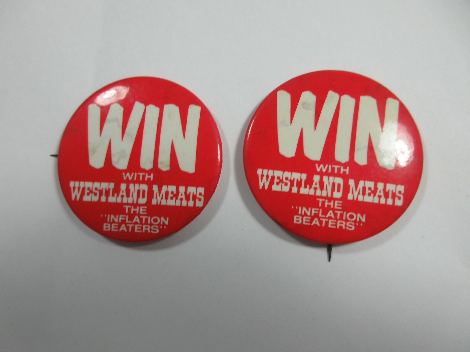 lot 2 vintage Win with Westland Meats promo ad agriculture pin button badge
