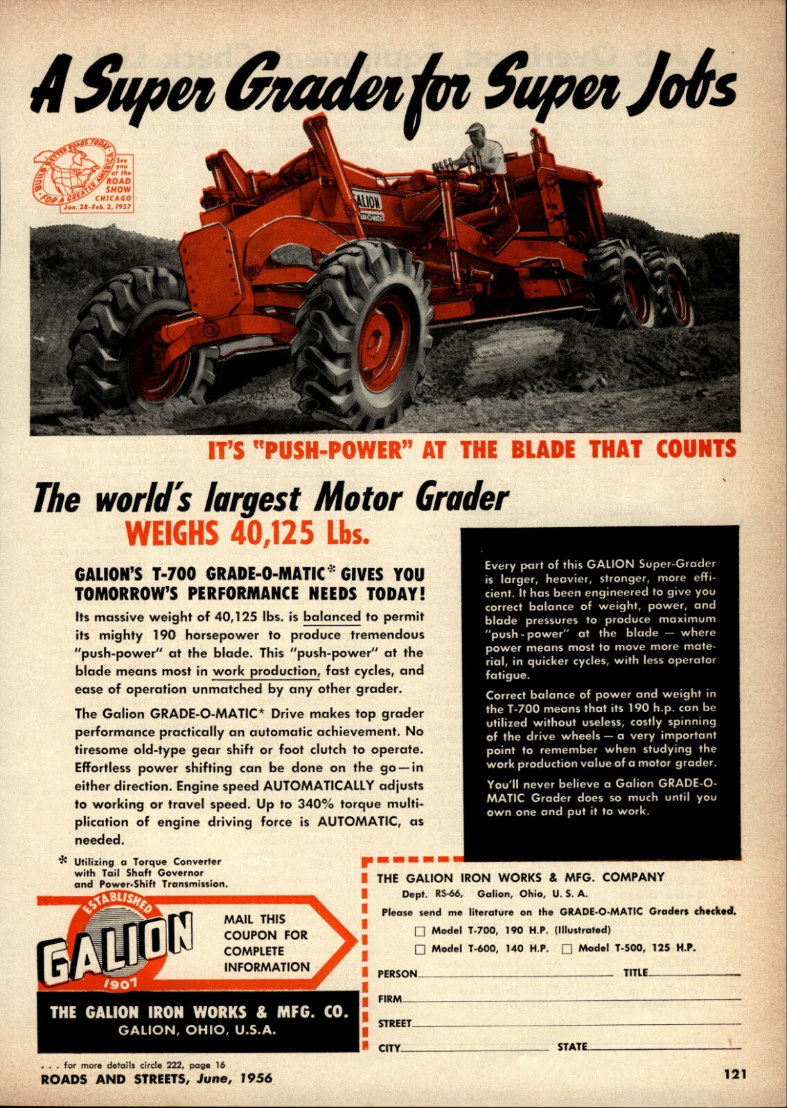 1956 Galion Iron Works Print Advertisement: T-700 Grade-O-Matic Super Grader