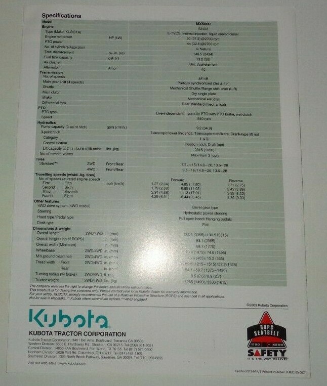 *Kubota MX5000 Tractor Sales Brochure Literature MX 5000 Advertising loader