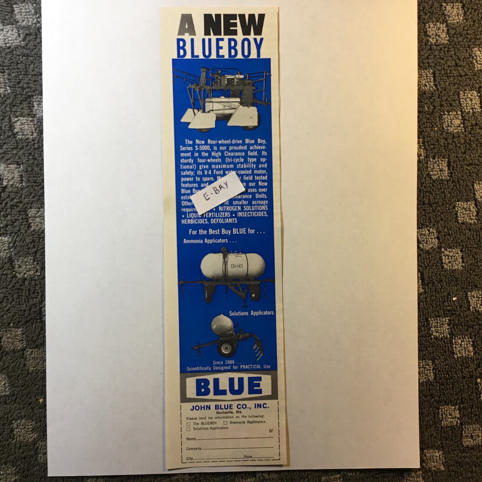 1965 Ad. Blueboy Fertilizer Sprayer. John Blue Inc. Huntsville, Alabama