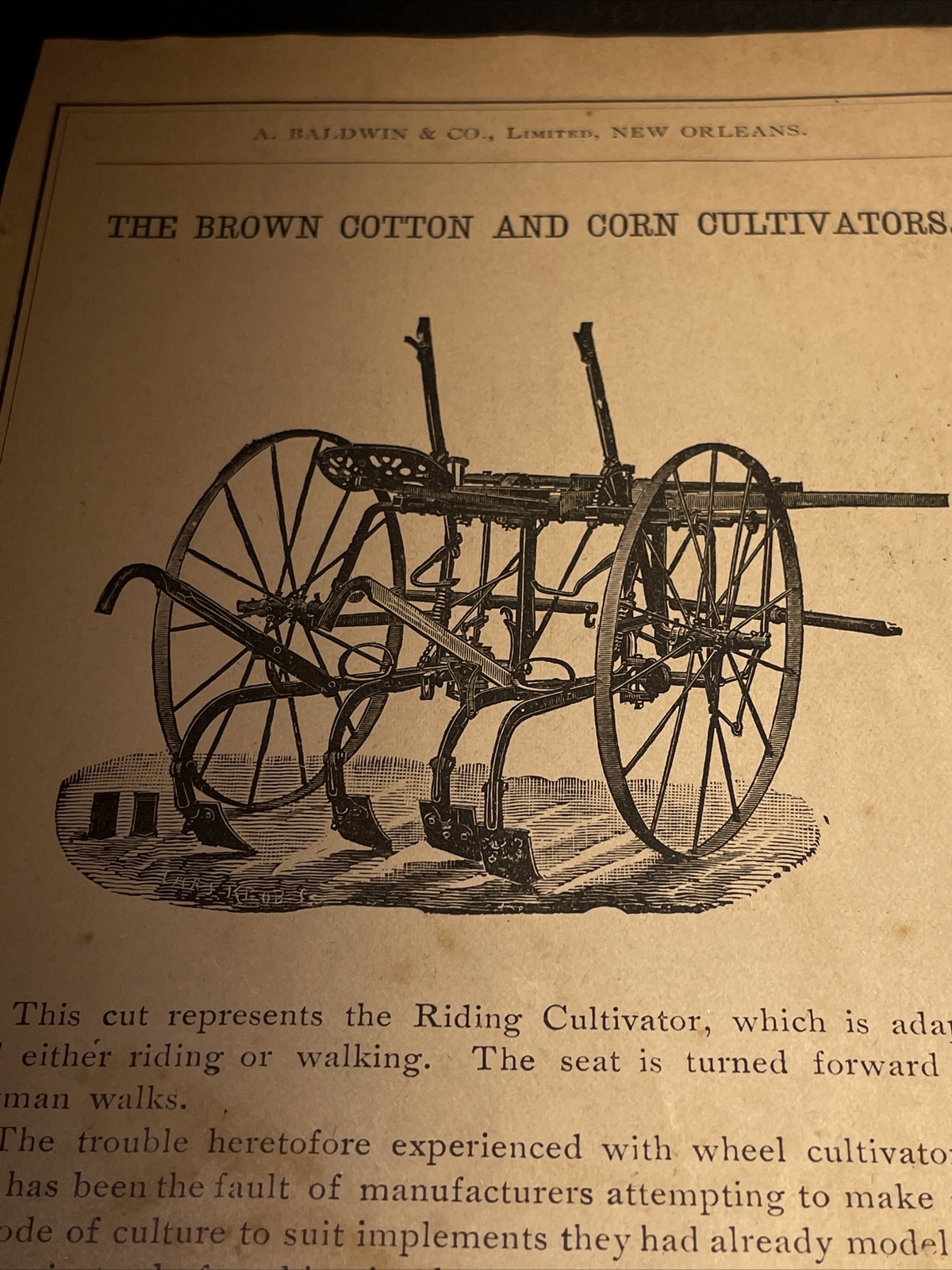 1891 Baldwin – Brown Cotton & Corn Cultivator Farm Advertising – New Orleans