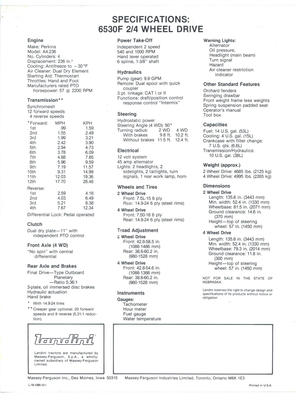 Landini 6530F 2/4 Wheel Drive Tractor 1985 sales brochure