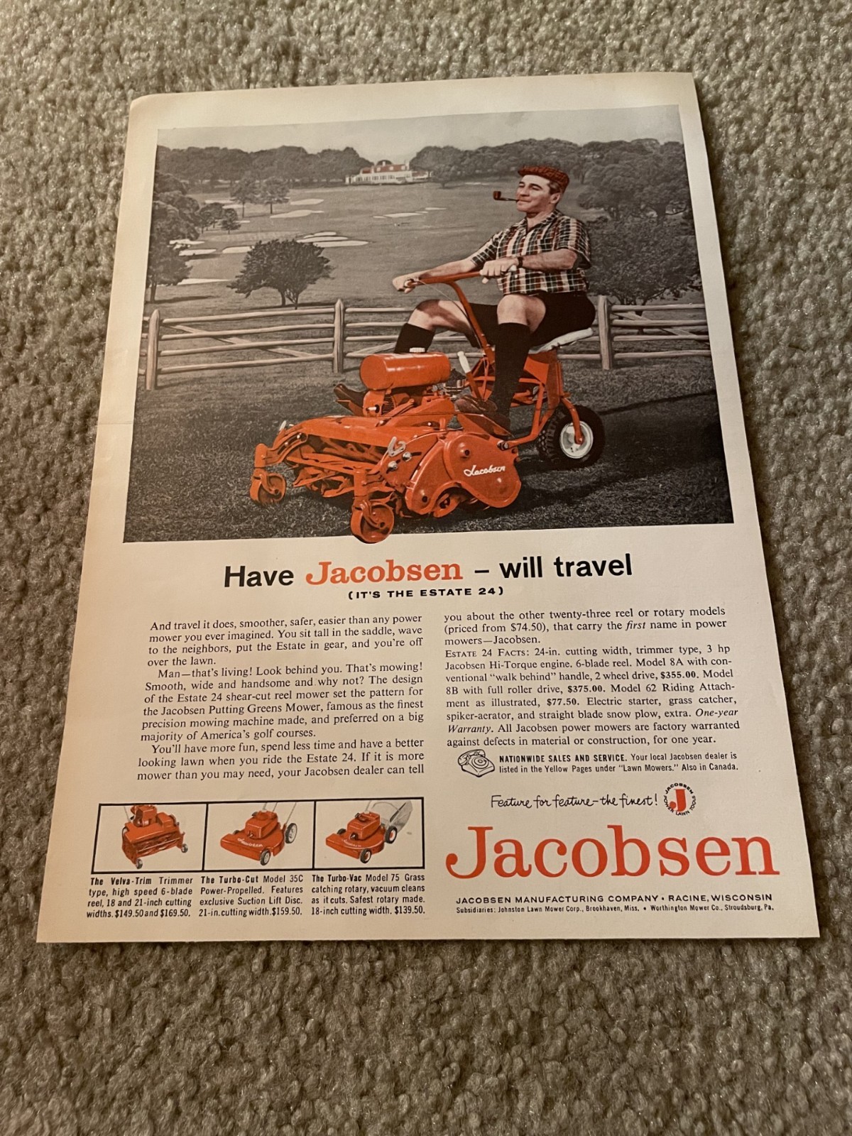 Vintage 1959 JACOBSEN LAWN MOWER TURBO CUT 35C TURBO VAC 75 PRINT AD 1950s