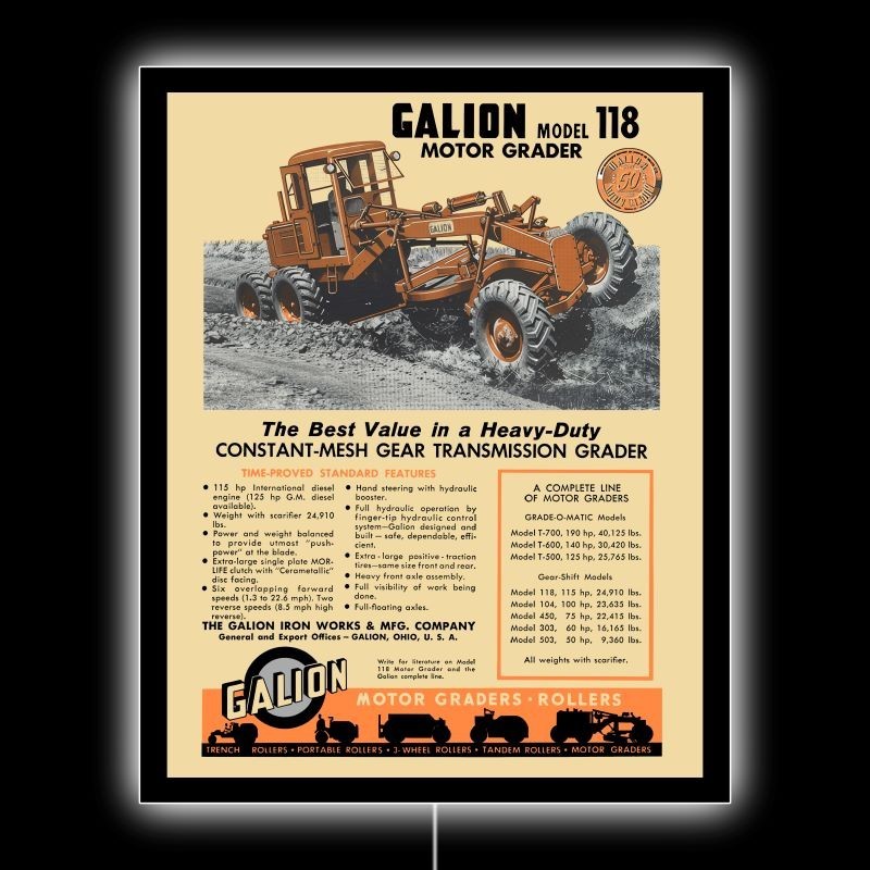 1957 Galion Model 118 Motor Grader – OHIO – NEW LED Hanging Lighted Sign: 18×23&Prime;