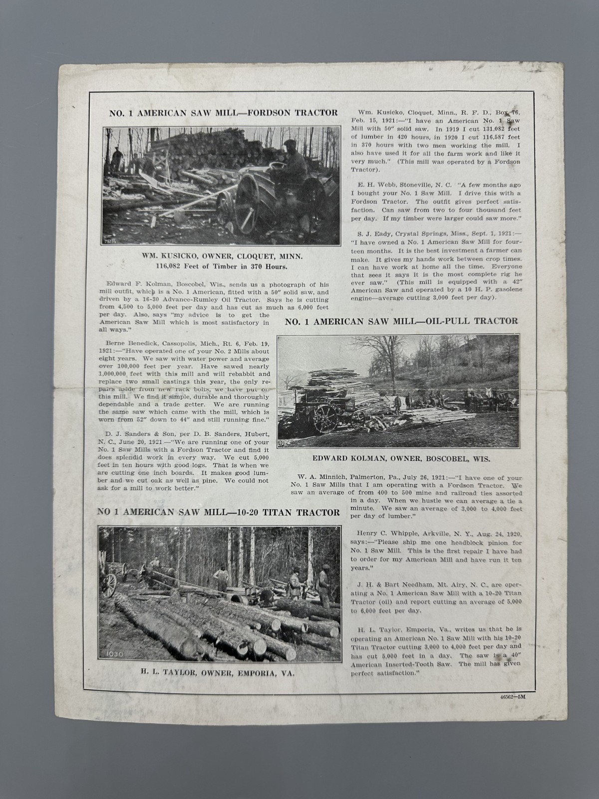 c 1920 AMERICAN SAW MILL Machinery For FARM TRACTORS Advertising Fordson Titan