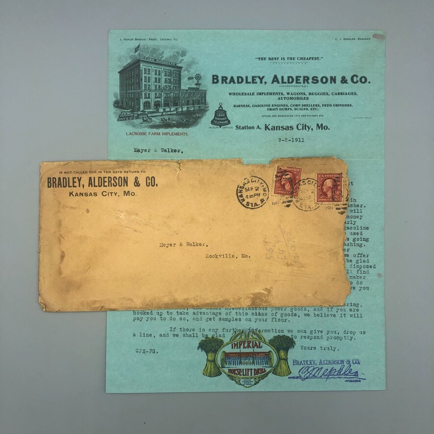 1911 Bradley Alderson IMPERIAL Envelope Antique FARM Advertise KANSAS CITY