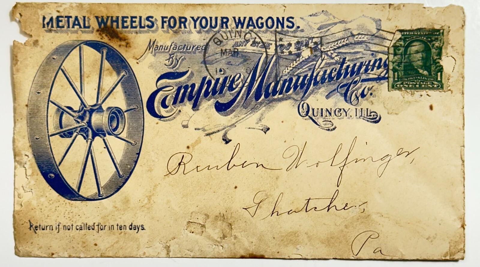 1909 Empire Manufacturing Co Quincy IL Illustrated Advertising Cover Envelope
