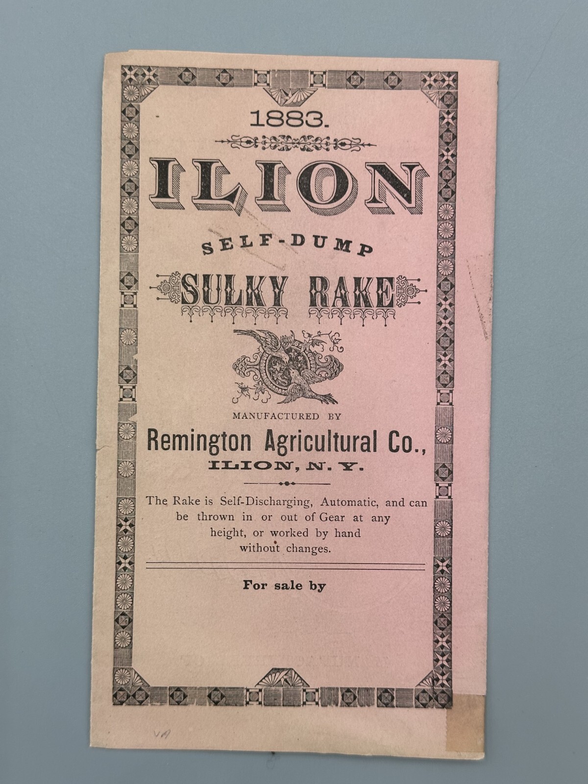 1883 REMINGTON Arms AGRICULTURAL Farm Advertising ILION Sulky Rake NY