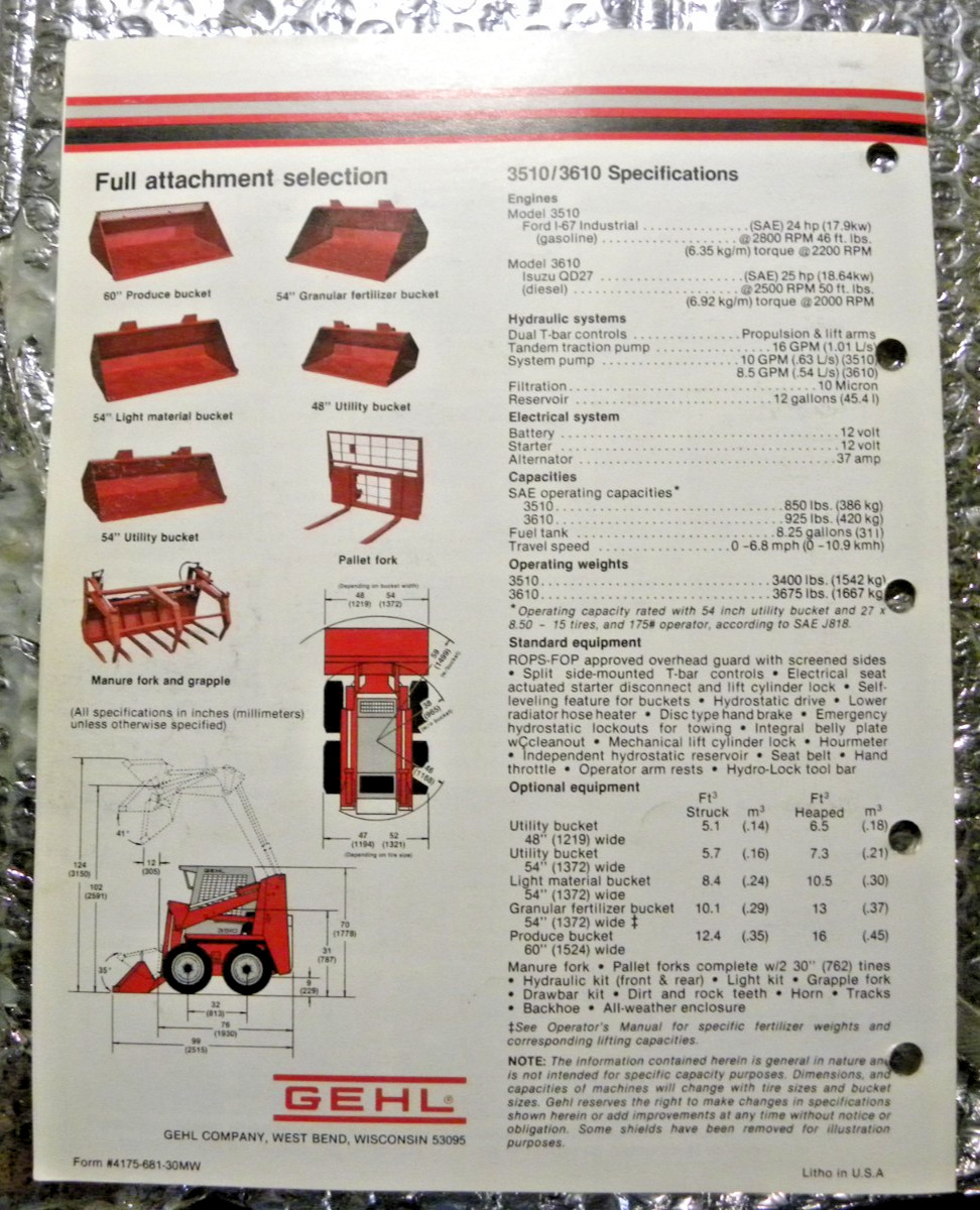 Vintage Factory Gehl Dealer&rsquo;s Brochure 3510 2610 Skid Steer Loaders