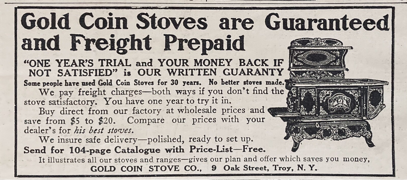1910 AD.(XH16)~GOLD COIN STOVE CO. TROY, NY. CAST IRON STOVES