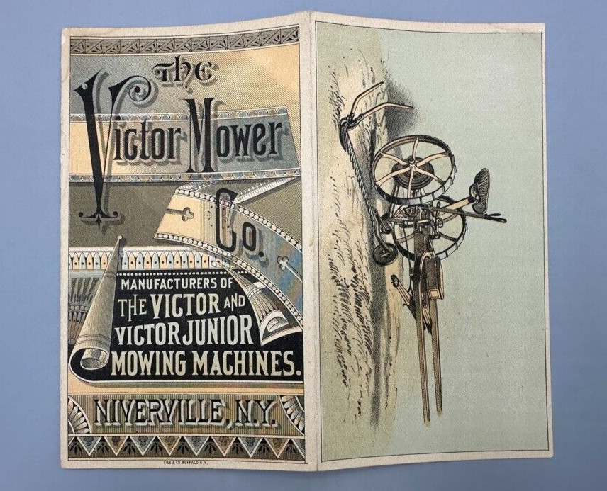 1880s VICTOR Mower FARM Victorian Folding Advertising Trade Card NIVERVILLE NY