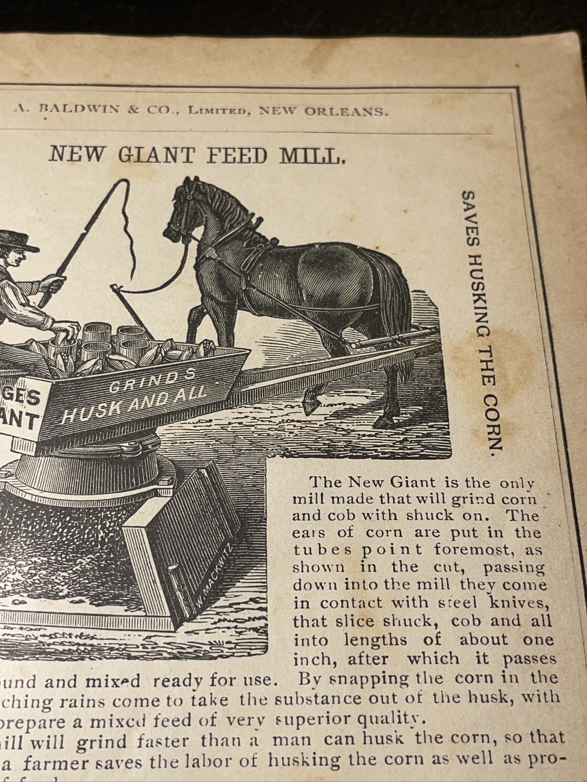 1891 Baldwin – I.A. Hedges Giant Horse Feed Mill – Farm Advertising New Orleans