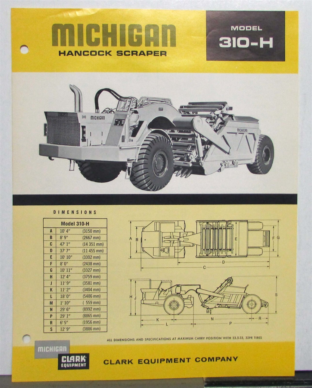 1969 Michigan 310H Hancock Scraper Specifications Construction Sales Data Sheet