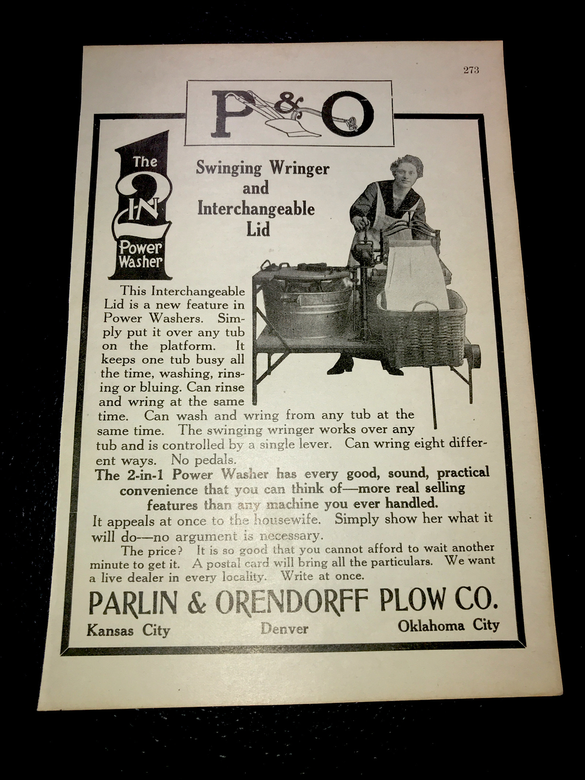 1916 P&O Parlin & Orendorff Plow Co. Wringer Washer Farm Advertising