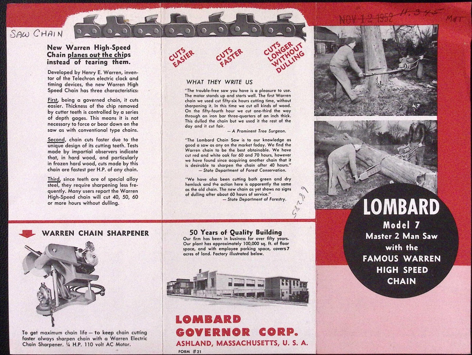 1952 Lombard Model 7 Master 2 Man Saw Warren High Speed Chain Brochure