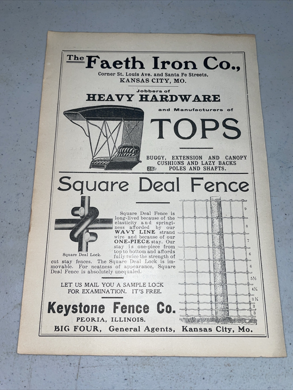 ORIGINAL 1907 Faeth Buggy Tops / Keystone Fence Farm Advertising – Kansas City