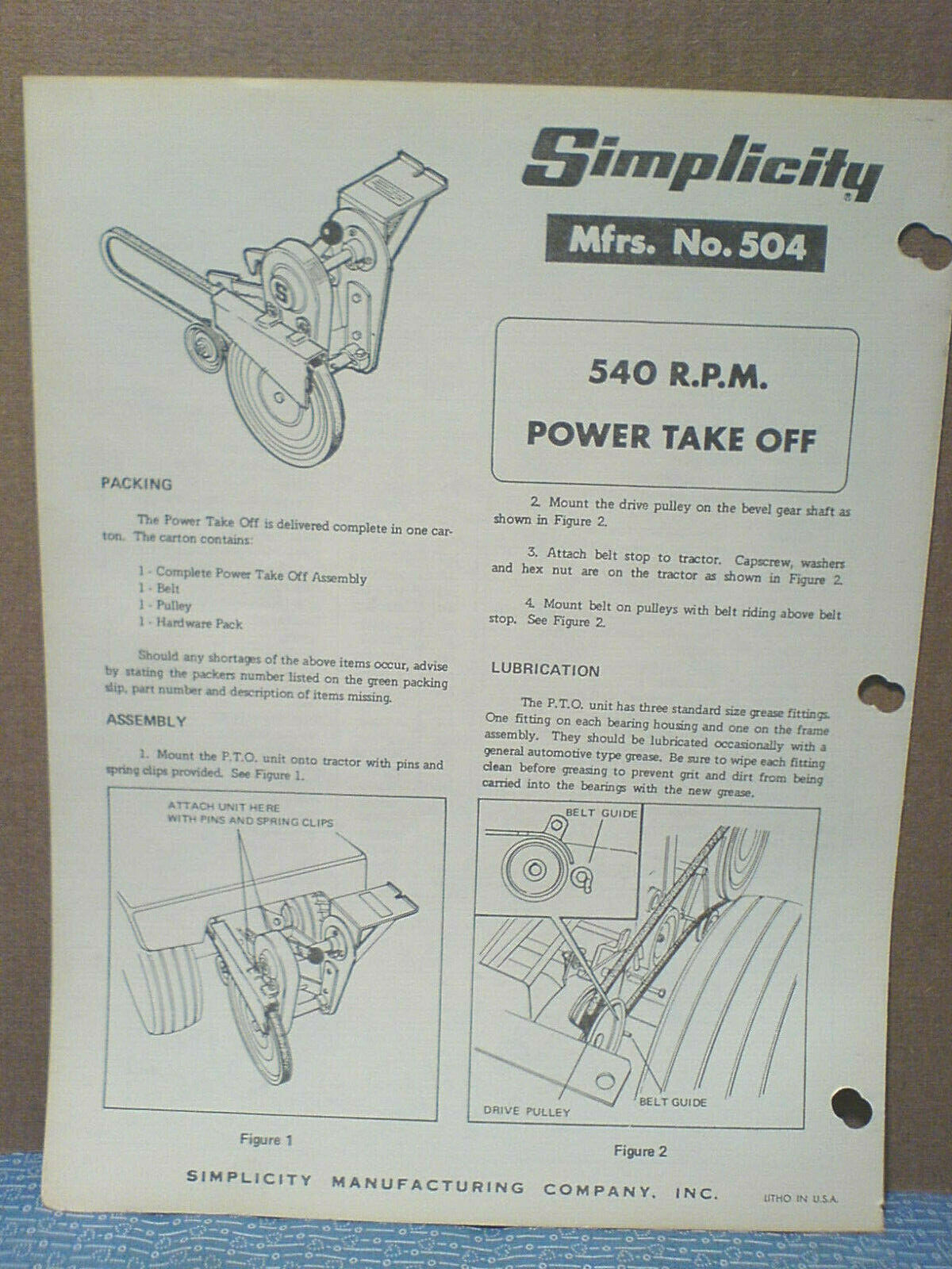 SIMPLICITY #504 540 R.P.M. REAR PTO INSTALLATION, OWNERS, PARTS MANUAL ORIGINAL