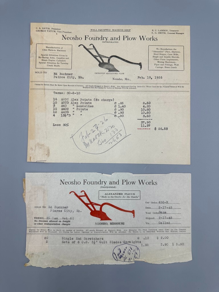 1926 & 1942 NEOSHO Foundry PLOW WORKS Farm Advertising Invoice Missouri