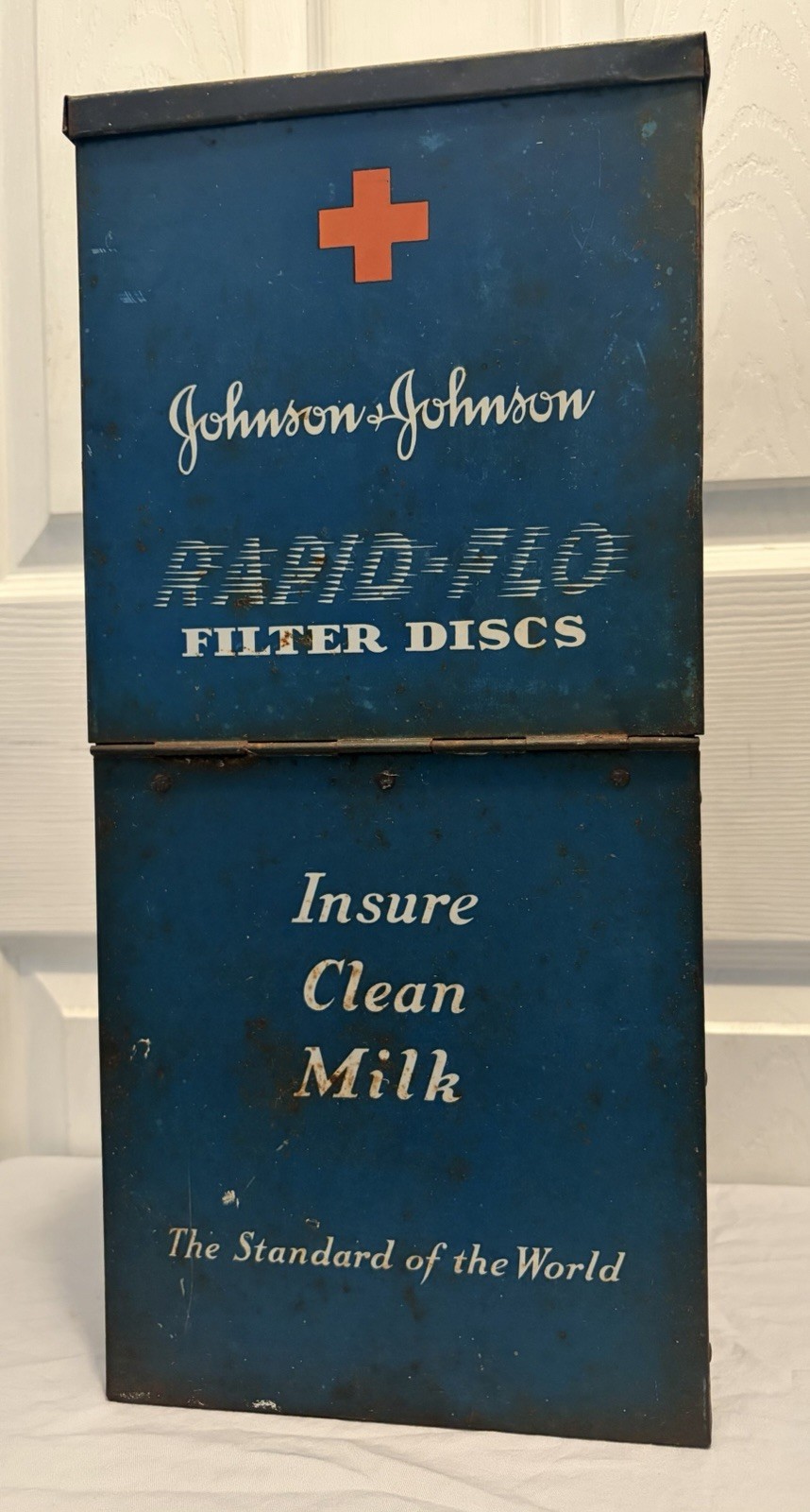 Vintage Johnson & Johnson Clean Milk Filter Discs Farm Cows 16.5” Metal Cabinet