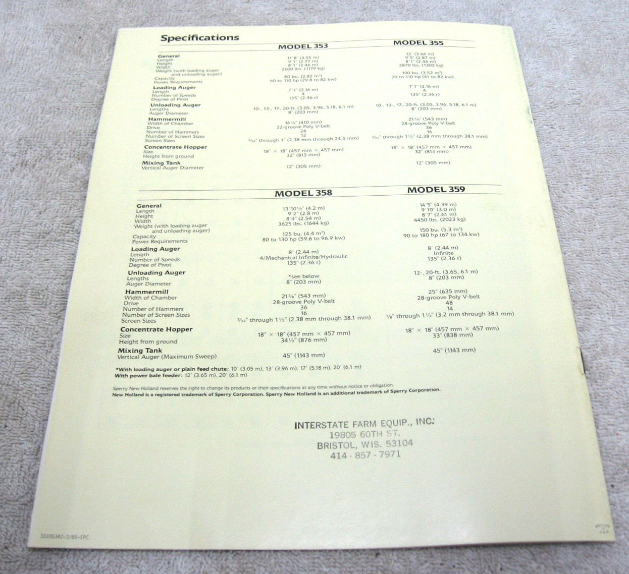 VINTAGE 1985 NEW HOLLAND TRACTOR GRINDER FEED MIXER BROCHURE 353 355 358 359