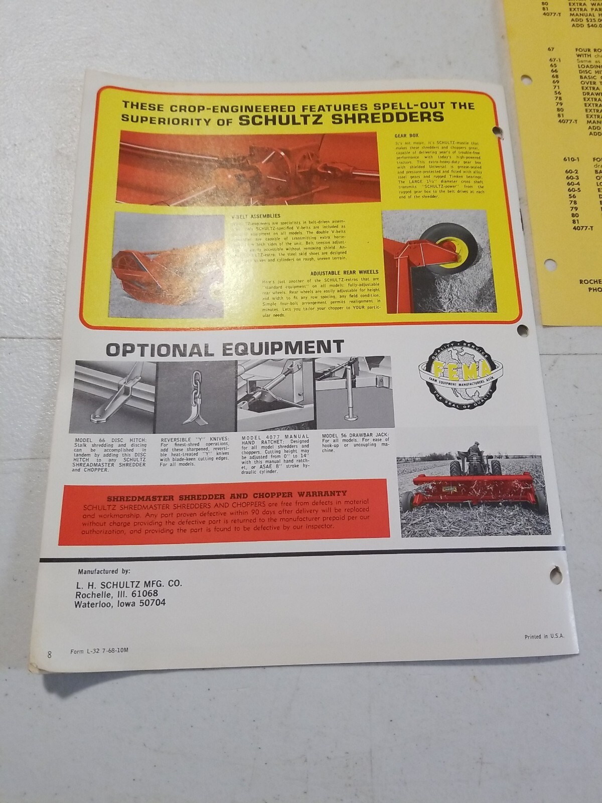 Vintage 1970 L.H. SCHULTZ Mfg Co GENERAL MANURE SHREDDER CHOPPER BROCHURE PRICES
