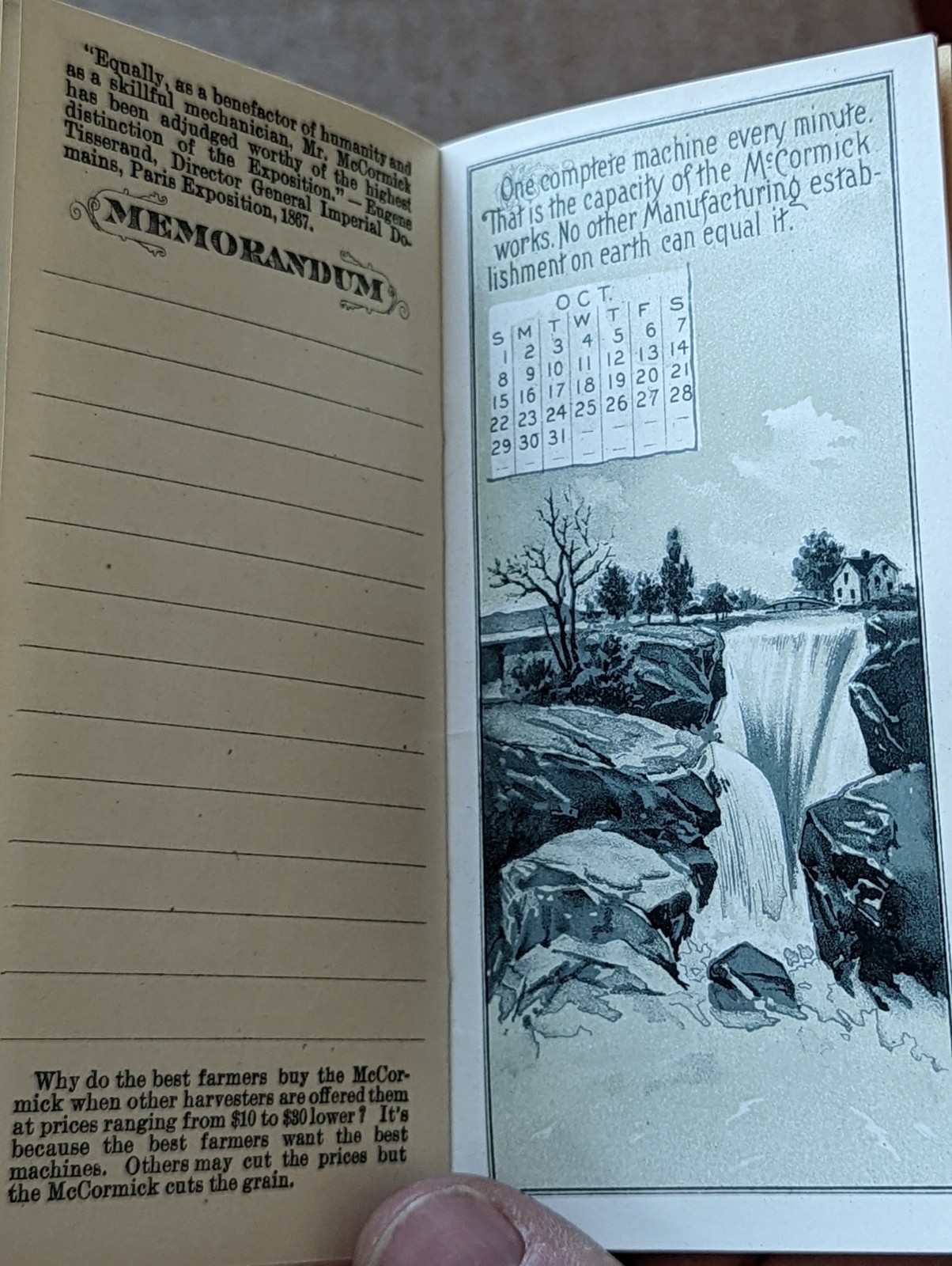 1898 Pocket Calendar Memorandum Advertising Book McCormick Harvesting Machine