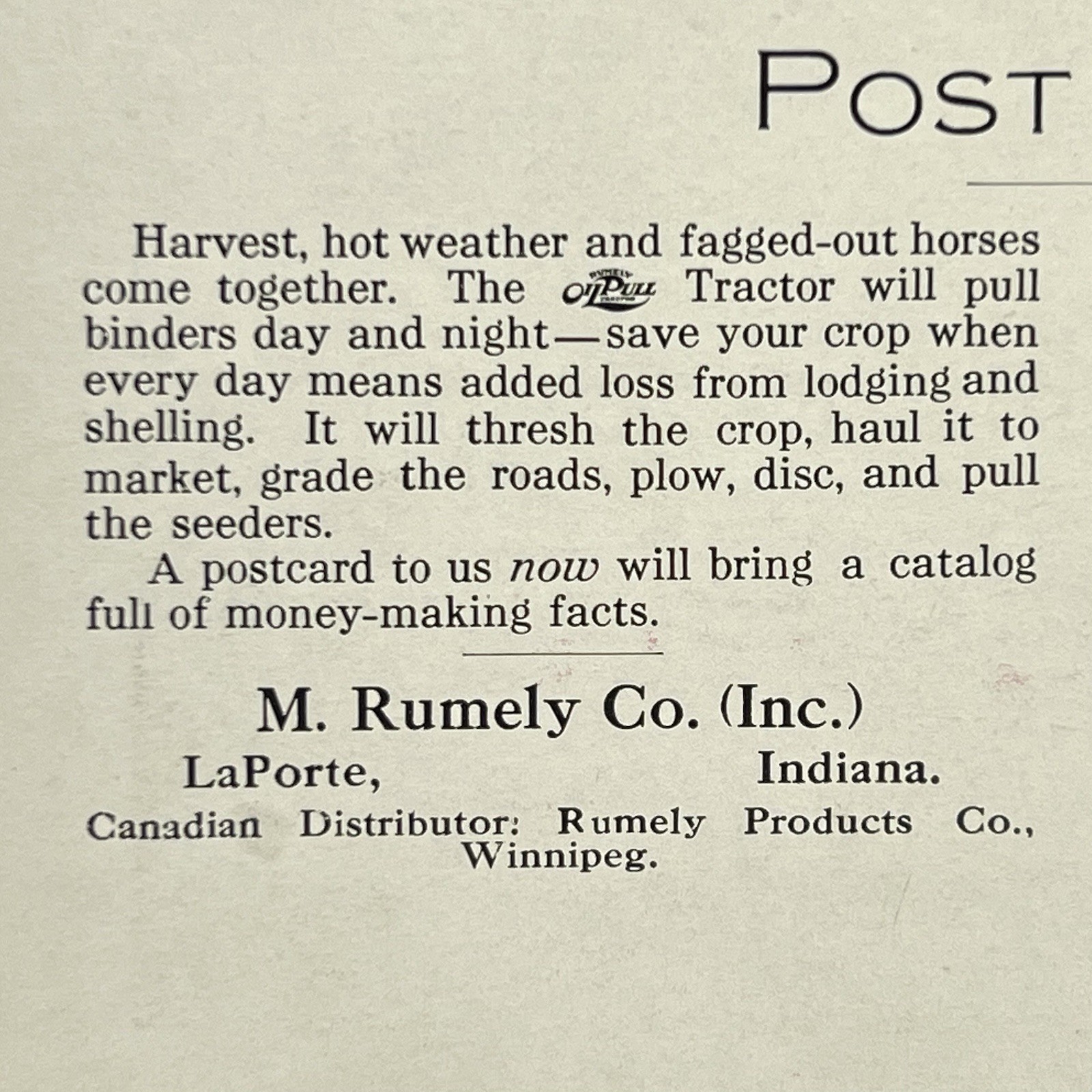 1910 Rare OIL PULL TRACTOR Advertising RPPC F-Type Harvesting in MN M. Rumely IN