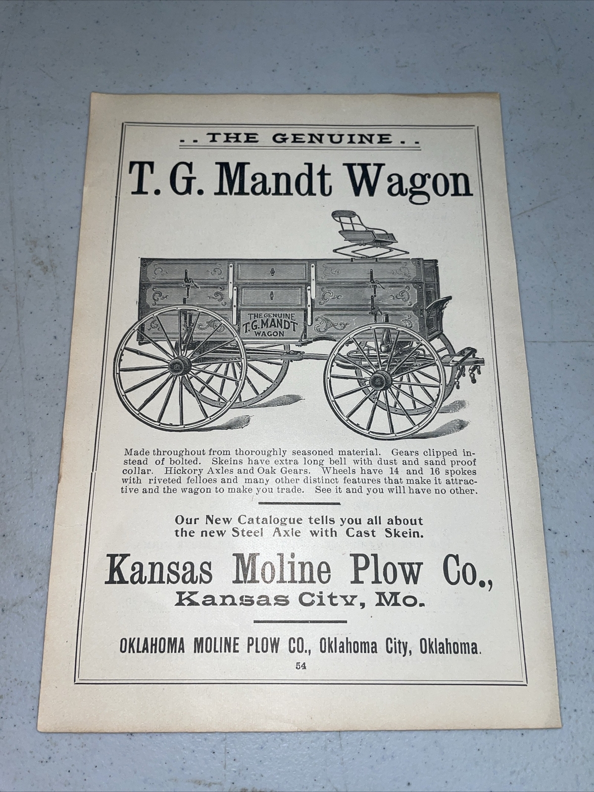 ORIGINAL 1907 T.G. Mandt Wagon Farm Advertising – Kansas City / Moline Plow