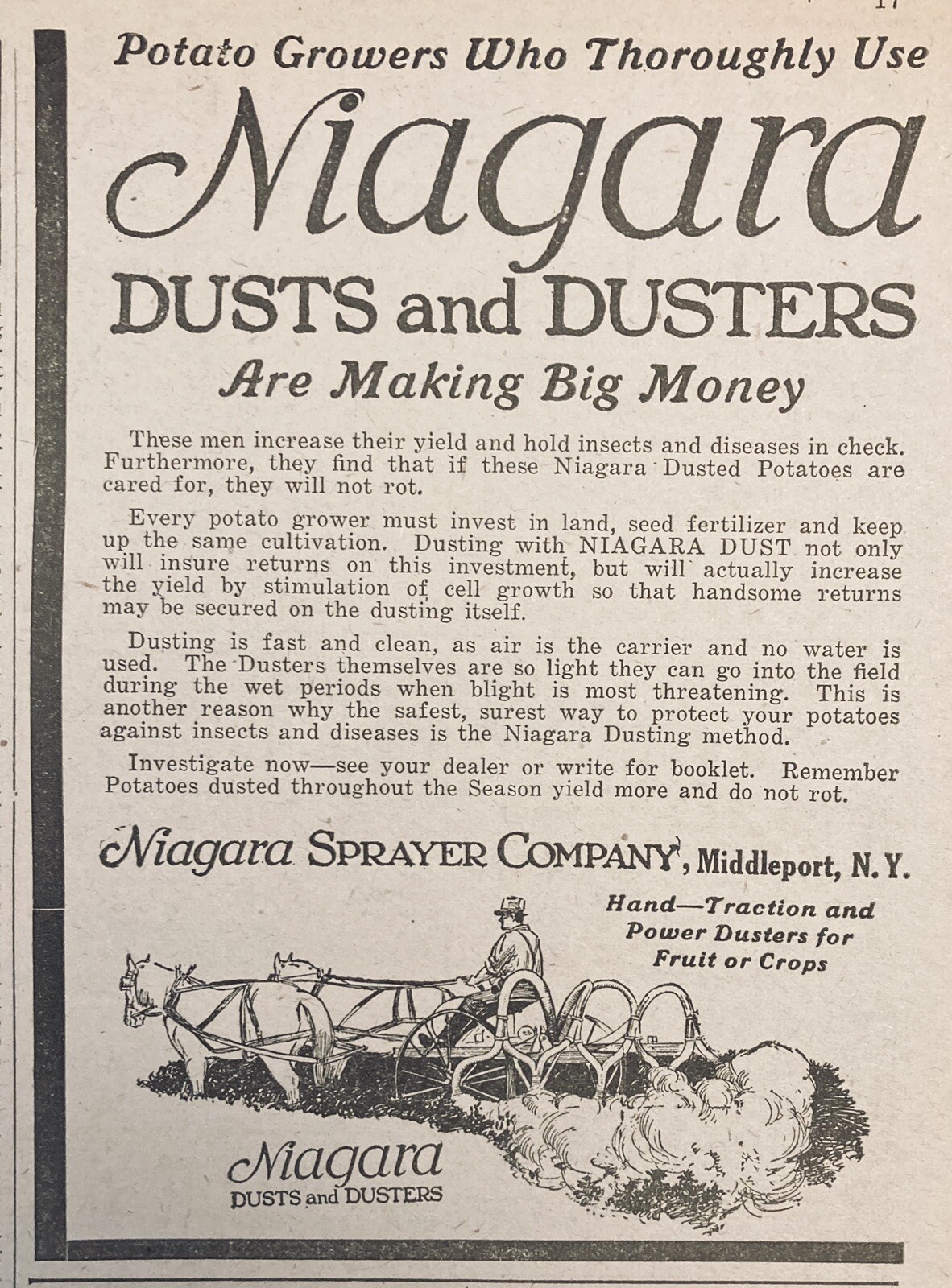 1925 AD(XF11)~NIAGARA SPRAYER CO. MIDDLEPORT, NY. FRUIT CROP DUSTERS