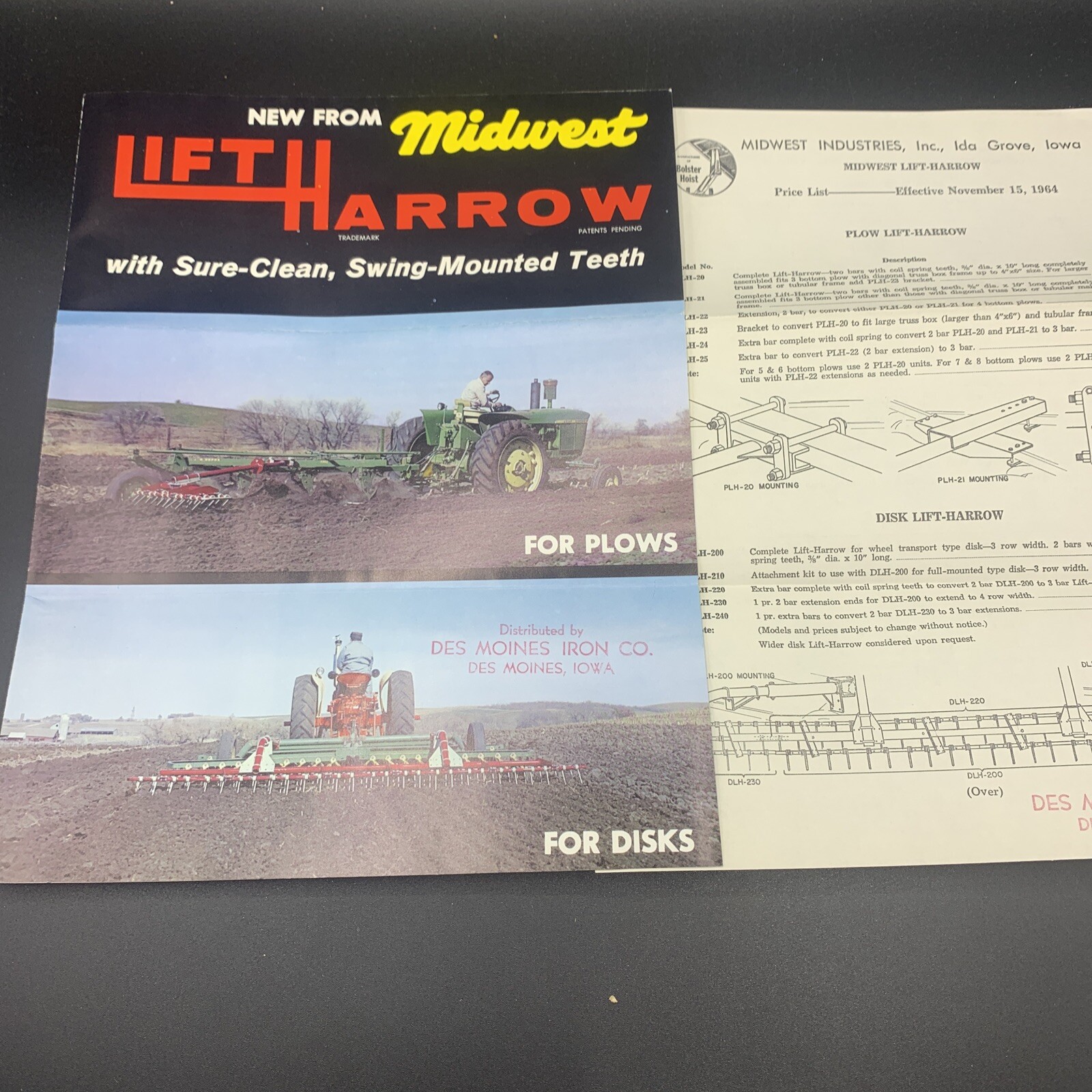 1964 Midwest Industries Lift Harrow Sales Brochure & Price List Ida Grove Iowa