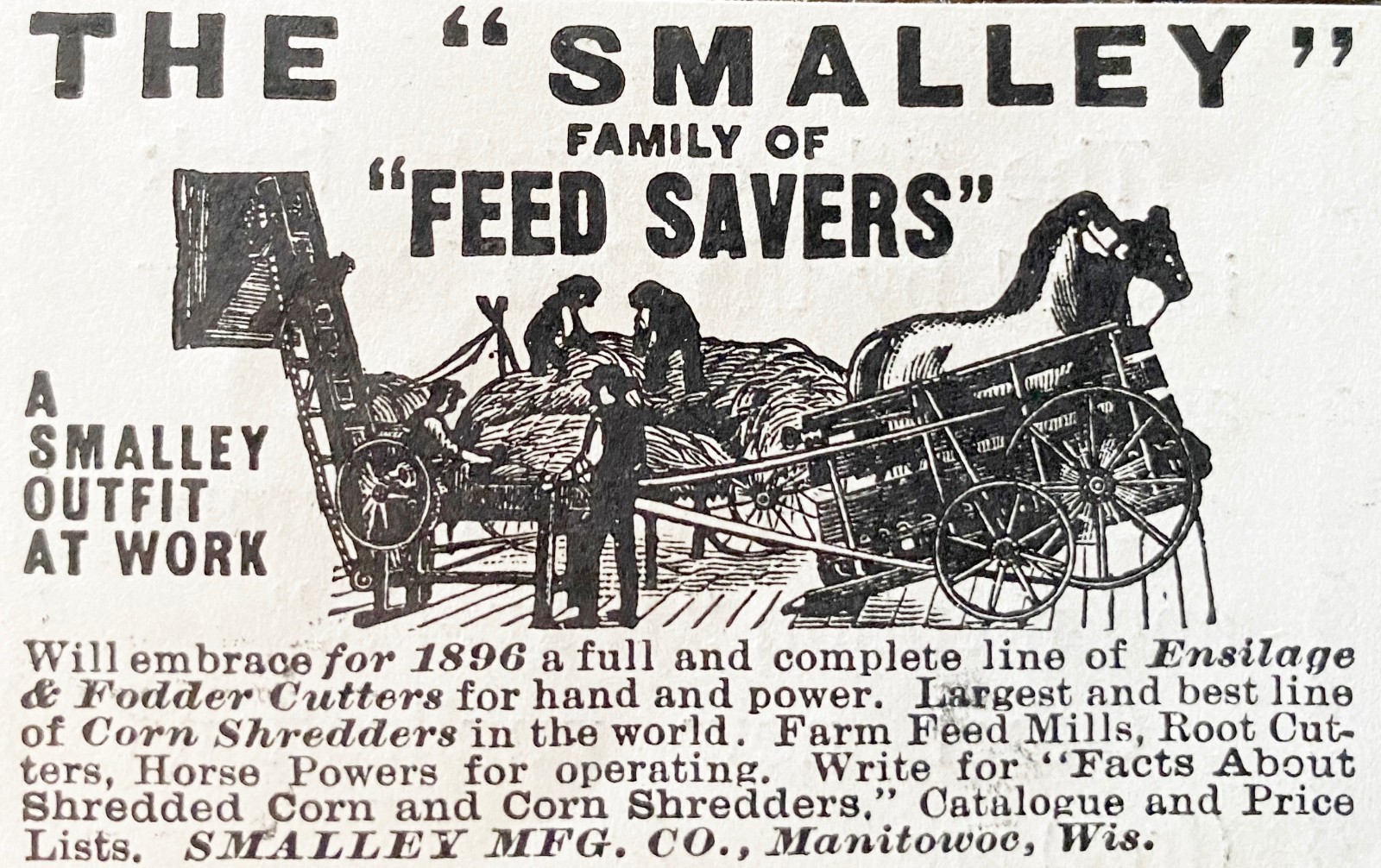 The SMALLEY FAMILY of FEED SAVERS Manitowoc,Wis.1896 Corn Mill Farming Print Ad