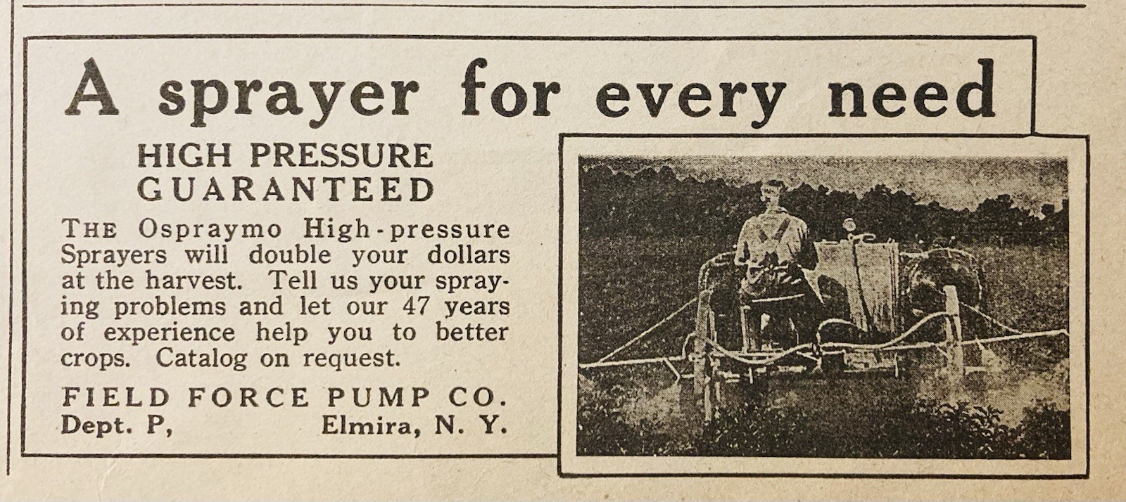 1929 AD.(XH87)~FIELD FORCE PUMP CO. ELMIRA, NY. OSPRAYMO FIELD SPRAYERS