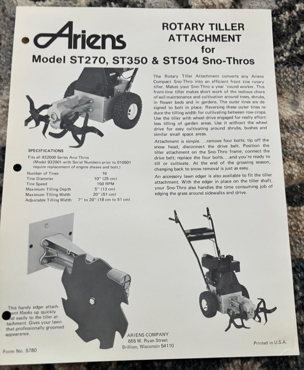 Ariens Rotary Tiller Attachments for Sno-Thros Brochure DCPA26