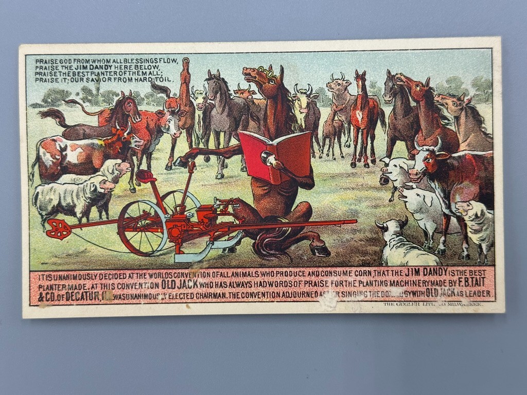 1880s JIM DANDY Tait FARM MACHINERY Advertising Folding Trade Card DECATUR Ill