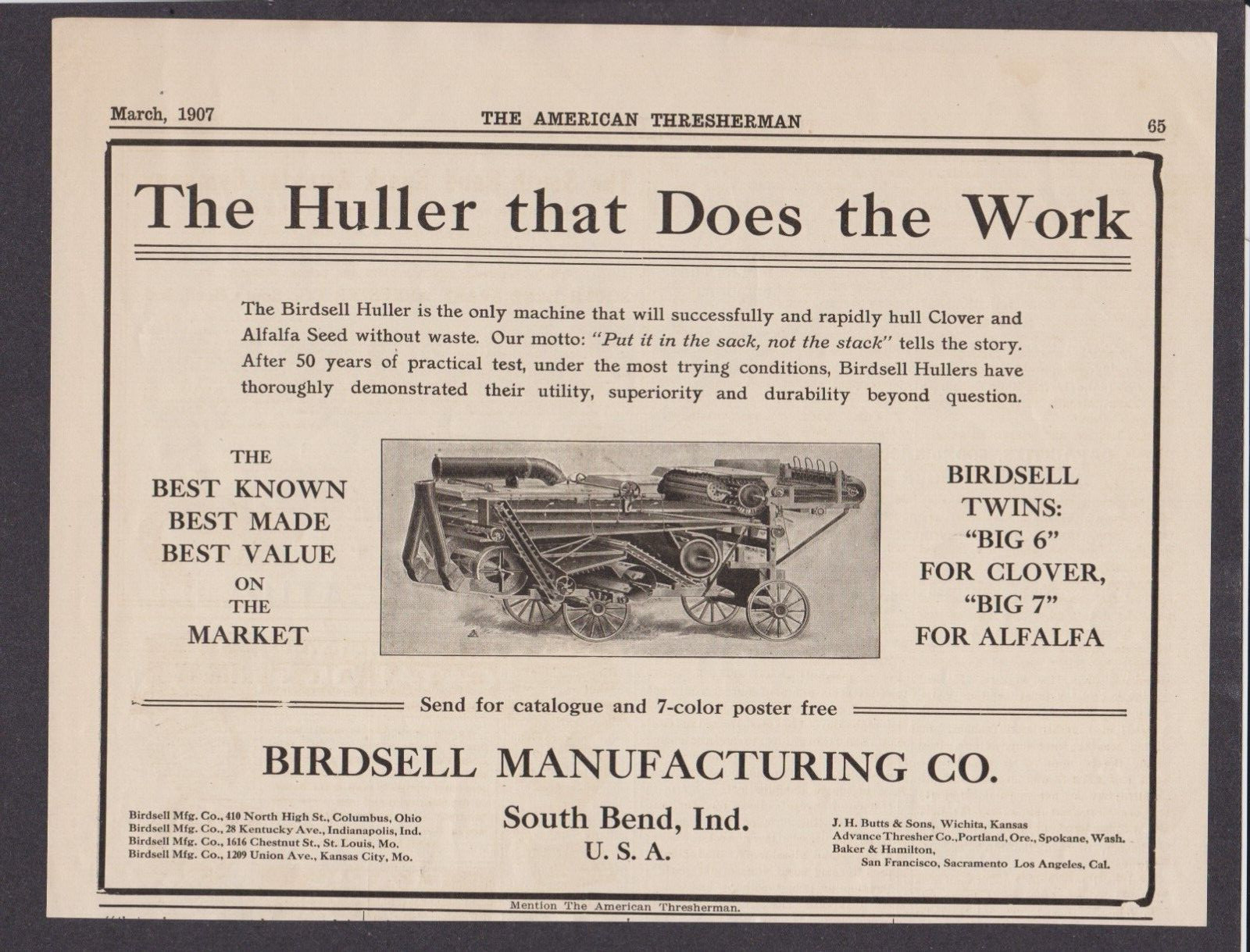 1907 Birdsell Huller Mag. Ad South Bend Indiana –For Clover & Alfalfa